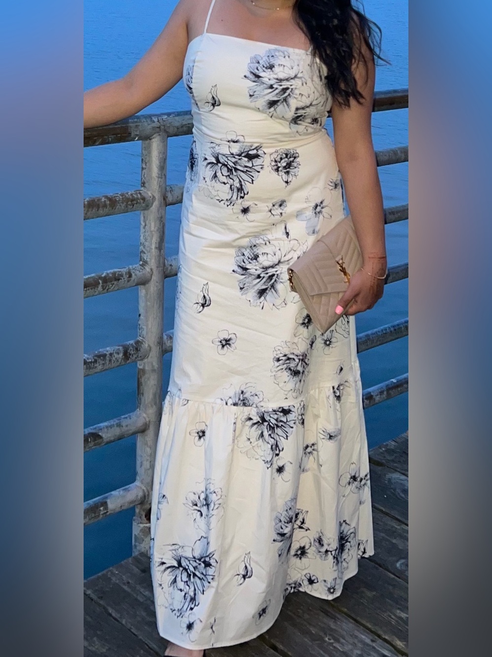 Floral Spaghetti-Strap Maxi Dress in Cream and Black
